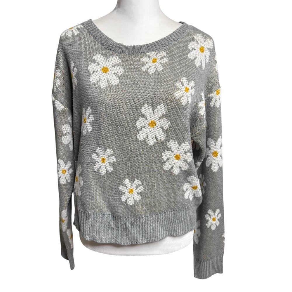 Aster Floral Daisy Sweater Grey White Yellow Oversized Medium